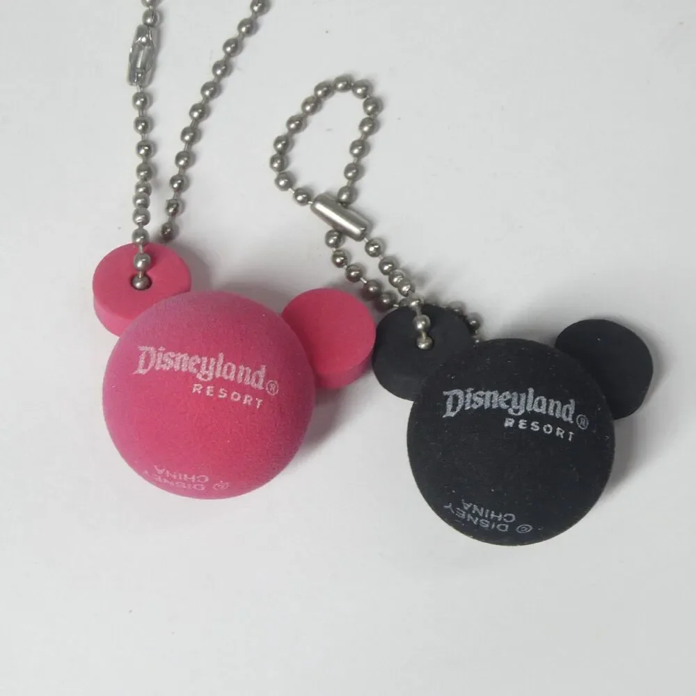 2 Mickey Mouse Foam Head Keychains Disneyland Resort Black Pink Souvenir